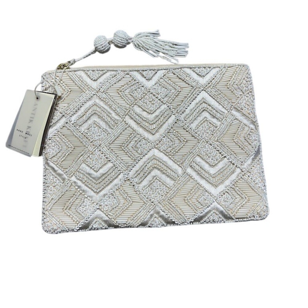 Antik Batik Clutch‎ Wristlet Womens Small Ivory Geometric Beaded Sequin Zip